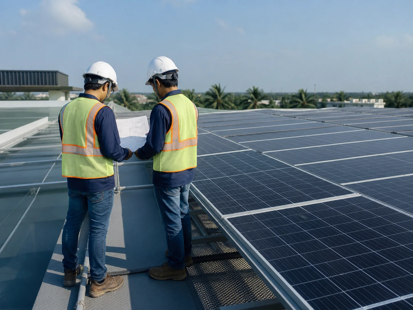 Imagem institucional de técnicos analisando uma instalação solar